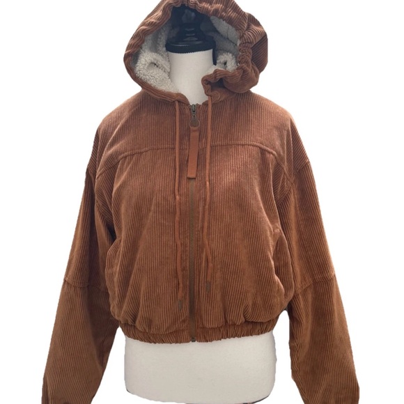 Ashley 26 International Corduroy Jacket Brown Sherpa Hooded Size L Crop Bomber - Picture 1 of 5